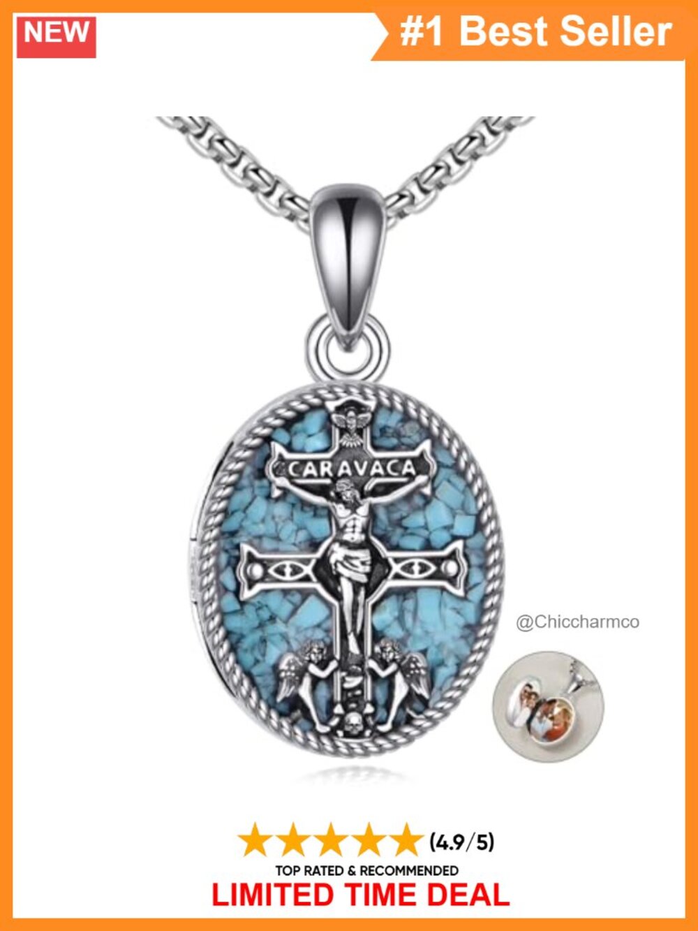 925 Sterling Silver Caravaca Cross Locket Necklace Turquoise Religious Pendant